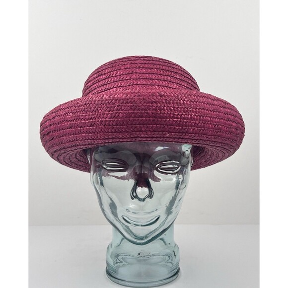 VTG Laura Ashley Italy Pink Red Raffia Straw Hat Rolled Brim Coche Style Cottage main image 9